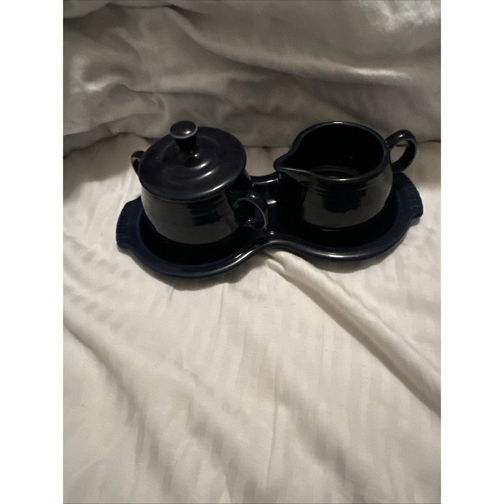 Fiestaware Cobalt‎ Blue Creamer Sugar Bowl Lid Tray Set Homer Laughlin Post 1986